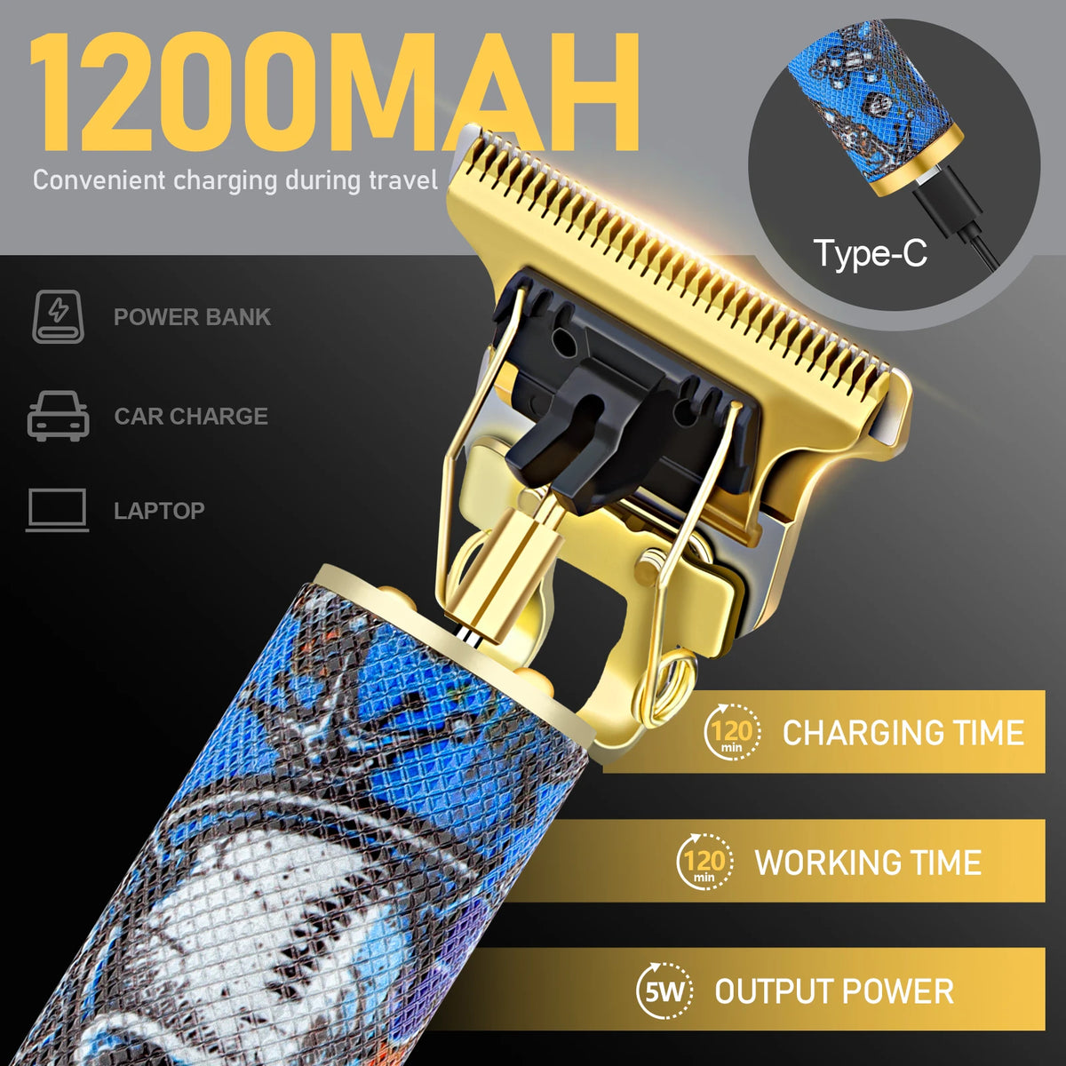 Cordless T-Blade Hair & Beard Trimmer with Skull Design