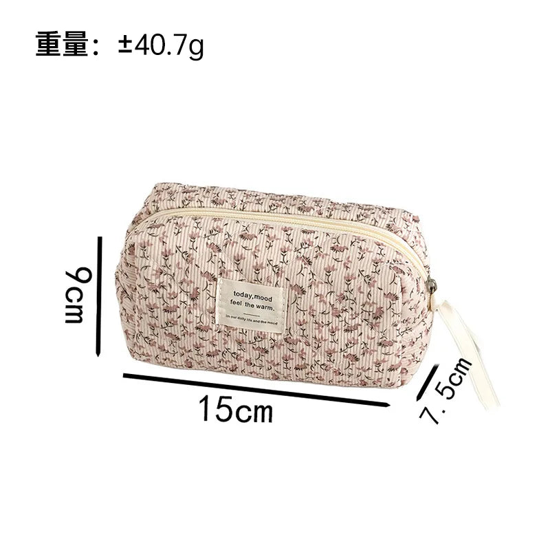 Gentle pink floral corduroy cosmetic  padded cotton large capacity storage  travel wash  pencil  bag