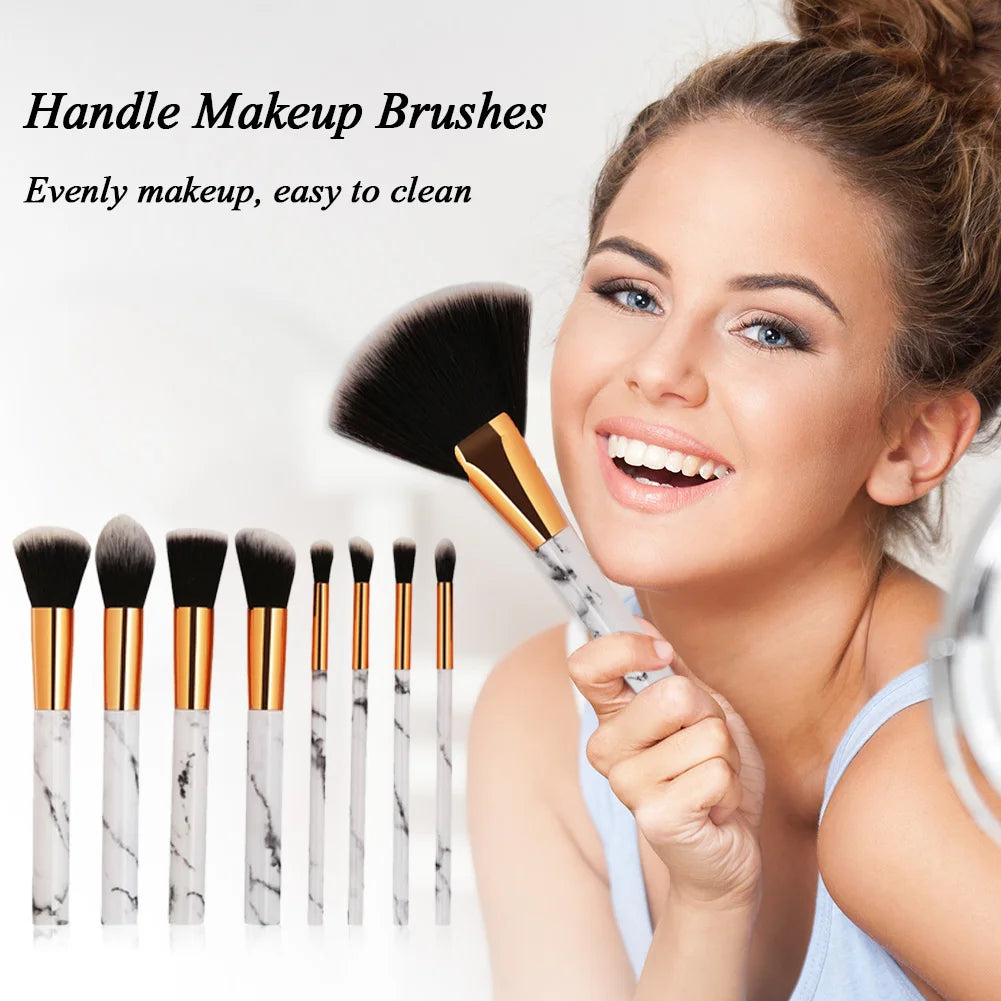 9-Piece Marble Handle Makeup Brush Set – Eye, Contour, Blusher & Powder Brushes