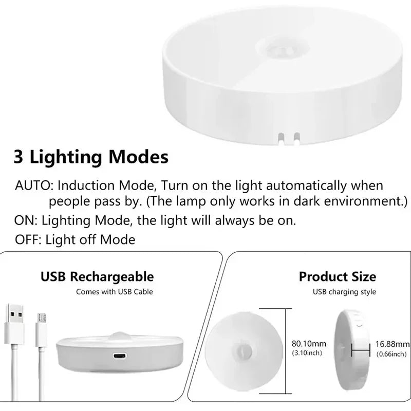 USB Rechargeable Motion Sensor Night Light – LED Puck Light for Cabinet, Hallway & Stairs