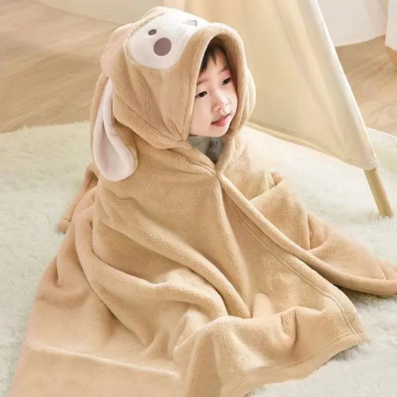 Boys Girls Hooded Bath Towel Cape Thick Coral Fleece Absorbent Wearable Baby Blanket for Nap