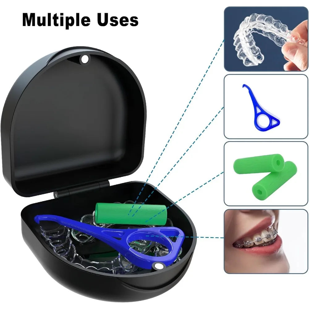 Universal Dental Storage Case Holder for Retainers Dentures Night Guards Mouth Guards Teeth Aligners Slim Braces Orthodontic Appliances and Oral Care Devices Travel Friendly Protective Box with Secure Lid Sleek Black