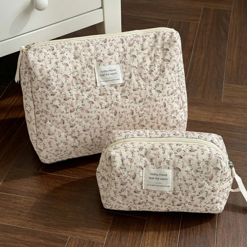 Gentle pink floral corduroy cosmetic  padded cotton large capacity storage  travel wash  pencil  bag