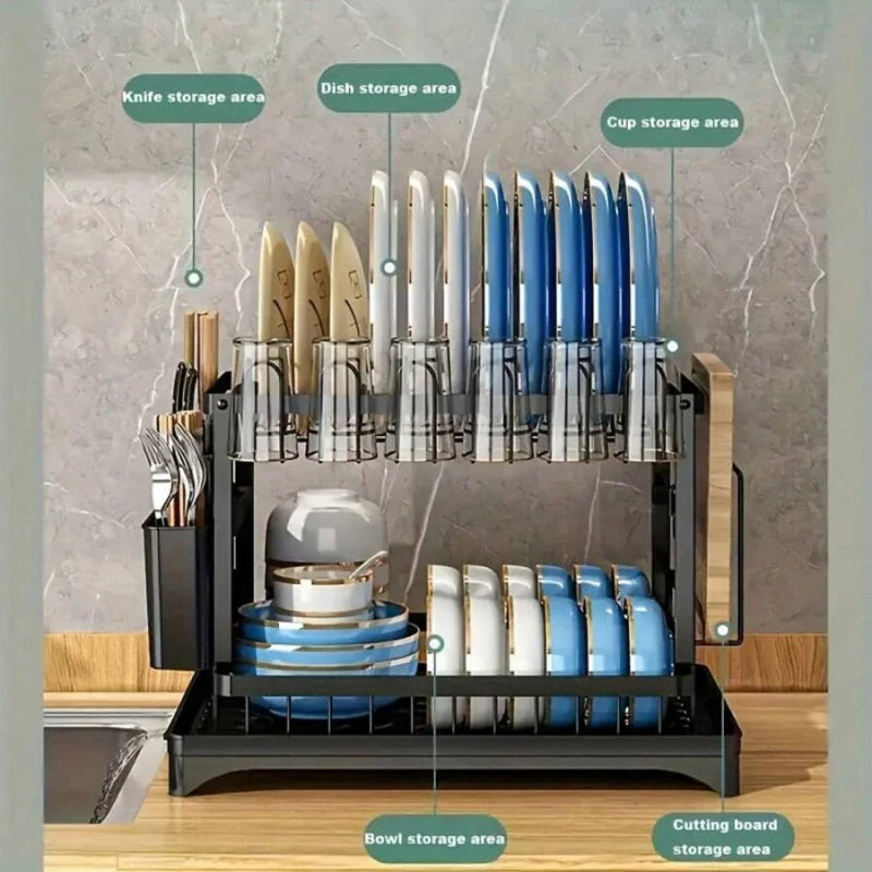 2-Tier Dish Drying Rack | Large Rustproof Kitchen Countertop Organiser with Drainage & Utensil Holder