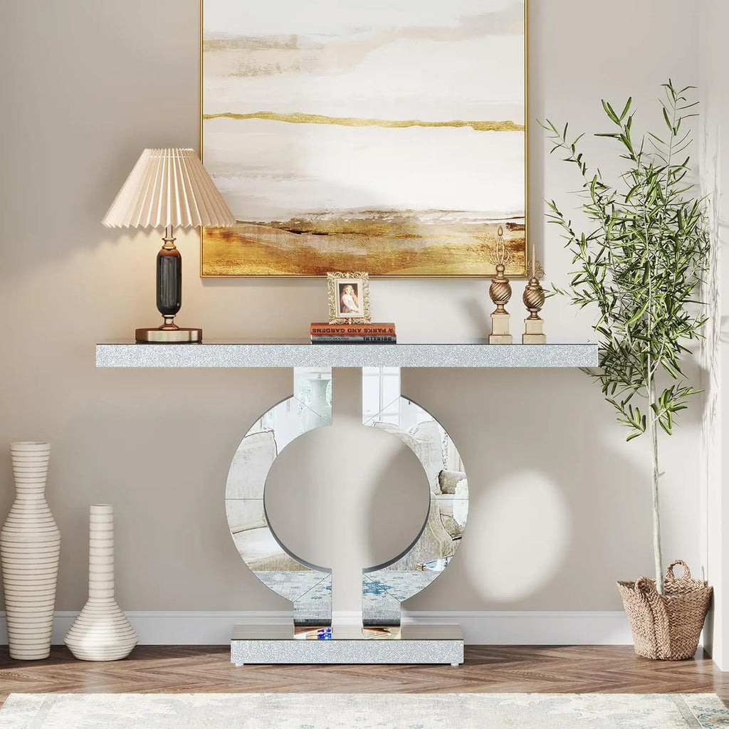 Silver Mirrored Console Table with O-Shaped Base