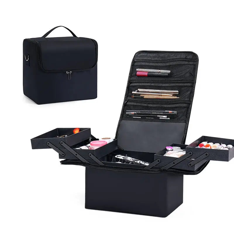 Large 4-Tier Makeup Train Case - Portable Cosmetics & Nail Organizer with Adjustable Straps
