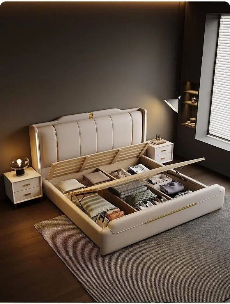 Nappa Leather Bed King Size Luxury 2 People Bed Soft Backrest Headboard Full House Furniture Bedroom Sets Full Set Furniture