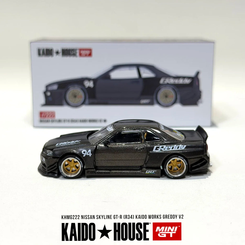 Mini GT x Kaido House 1:64 Nissan Skyline GT-R R34 Kaido Works Greddy V2 Full Carbon Diecast Car Model Item#KHMG222 In Stock
