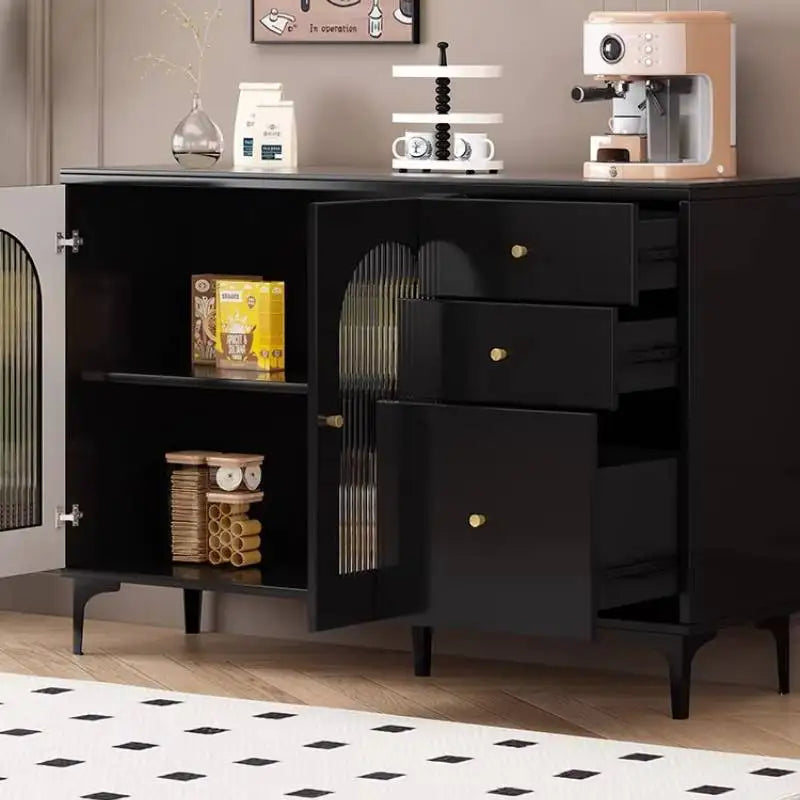 Black Sideboard Cabinet with Arched Ribbed Glass Doors
