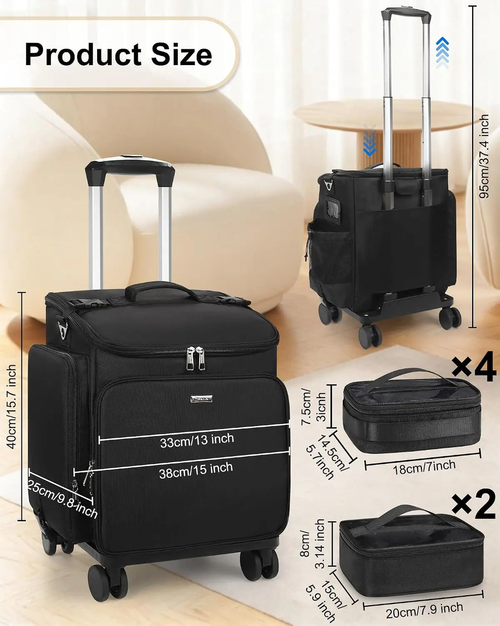 Professional Rolling Makeup & Hair Tools Trolley Case | Hairstylist Travel Bag on Wheels with 6 Clear Bags