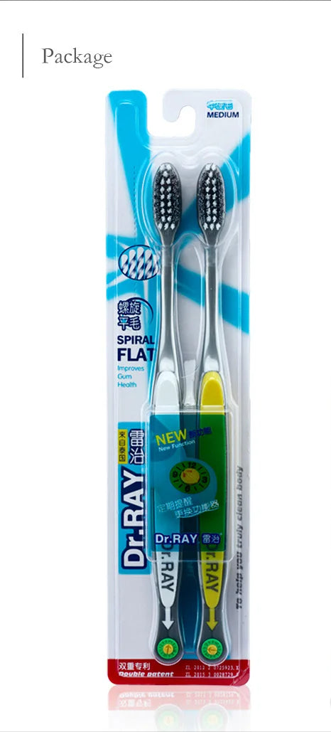 Dr.Ray Medium Toothbrush Good Quality Bamboo Charcoal Spiral Bristles ECO Friendly Adult Toothbrush 2pcs/Package