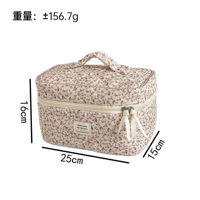 Gentle pink floral corduroy cosmetic  padded cotton large capacity storage  travel wash  pencil  bag