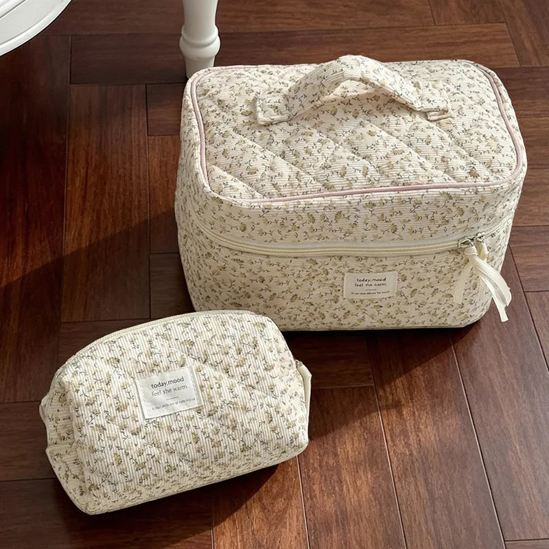Gentle pink floral corduroy cosmetic  padded cotton large capacity storage  travel wash  pencil  bag
