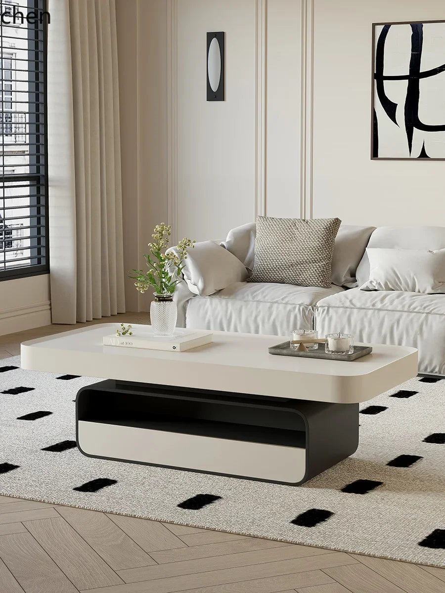 Modern Rock Slab and Solid Wood Coffee Table