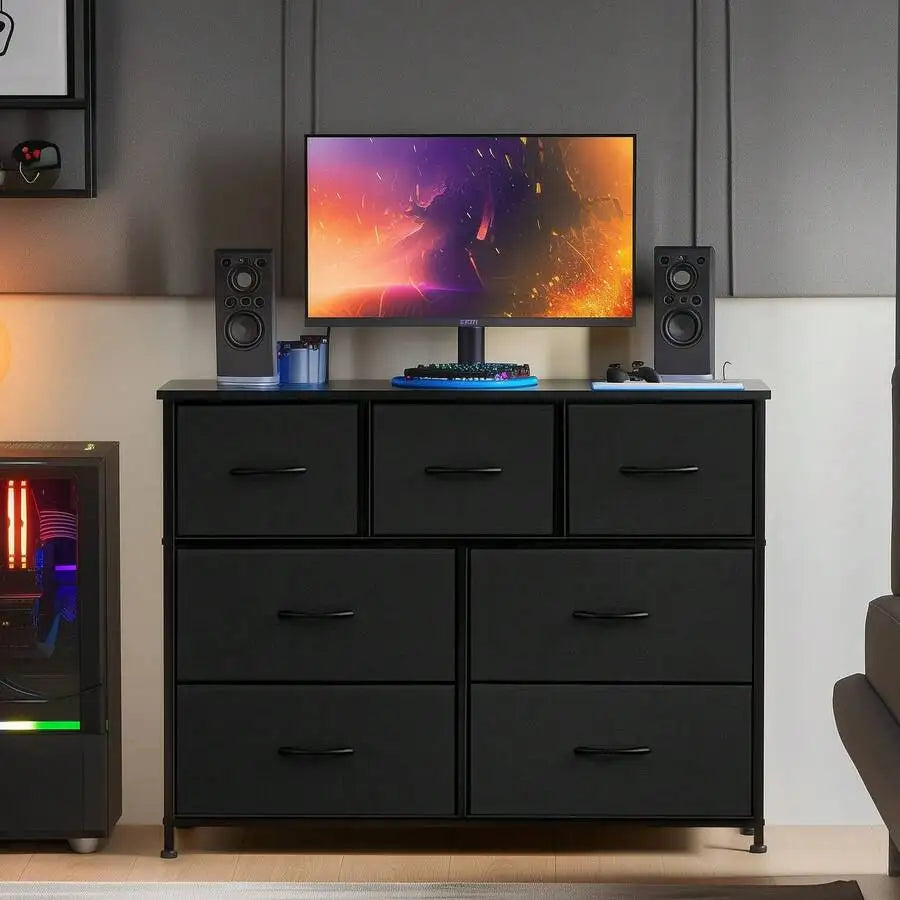Dresser For Bedroom With 7 Fabric Drawers, Chest Organizer Units For Clothing, Closet, Guestroom, Storage Tower With Cabinet, Me