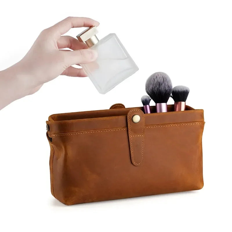 Genuine Leather Makeup Purse Organizer Bag for Perfumes and Cosmetic Outdoor Travel Large Capacity Cowhide Wash Bag Unisex