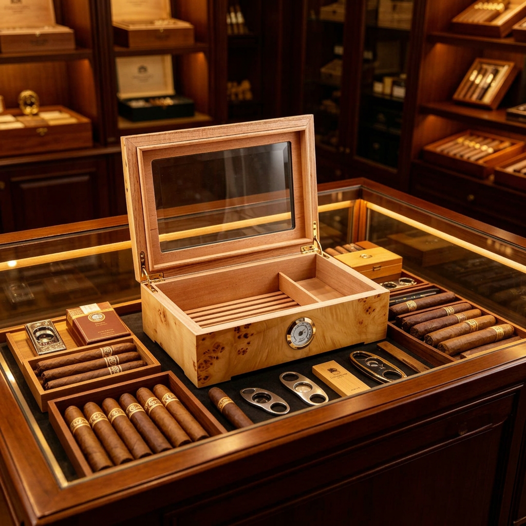 Wooden Cigar Humidor with Hygrometer and Humidifier – Approx. 35 Cigars