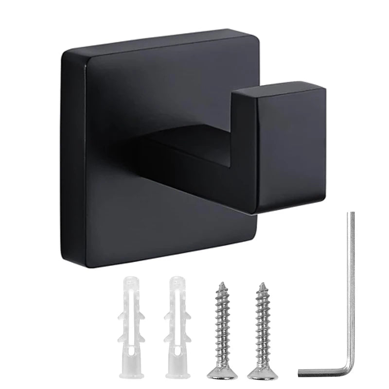 Matte Black Towel Hook Stainless Steel Heavy Duty Wall Mounted Robe Coat Hooks Bathroom Kitchen Closet Square Modern Rack
