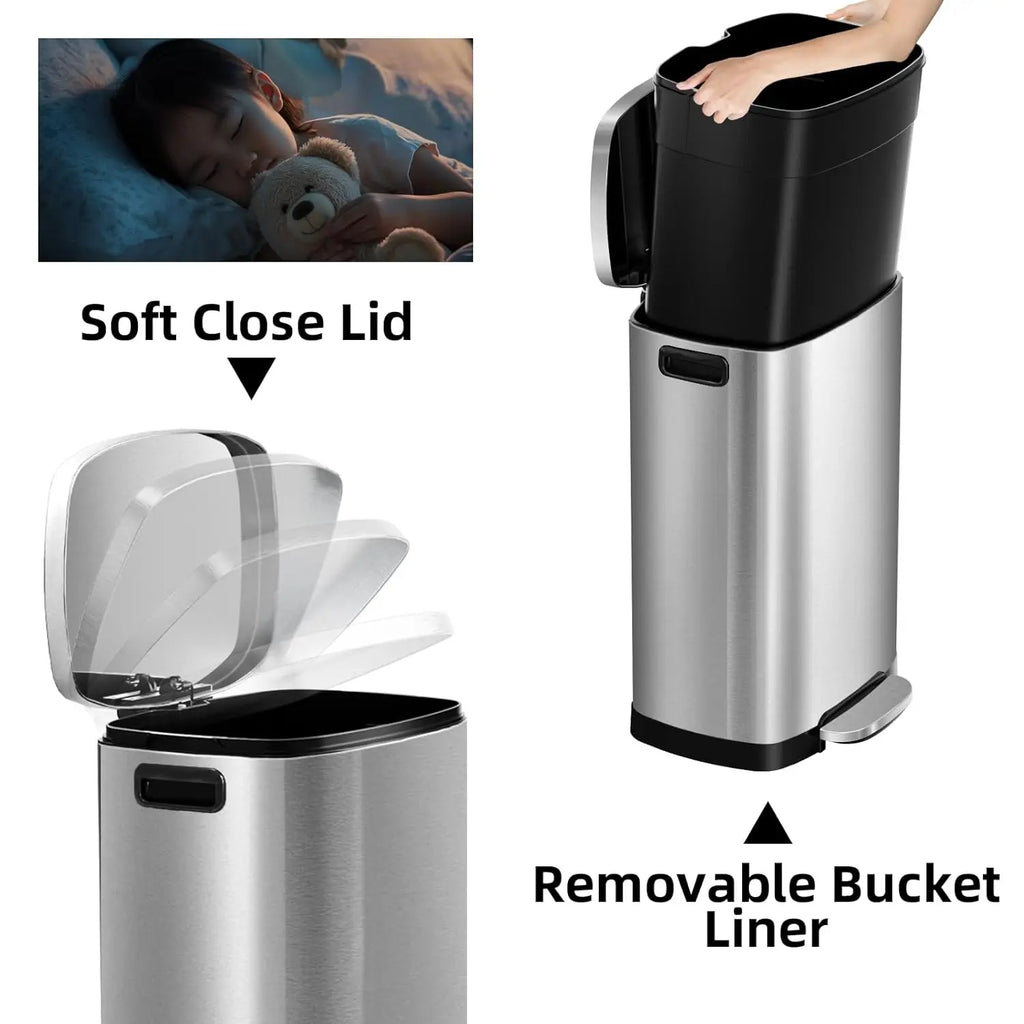 13 Gallon Soft-Close Pedal Bin with Removable Inner Bucket & Lid