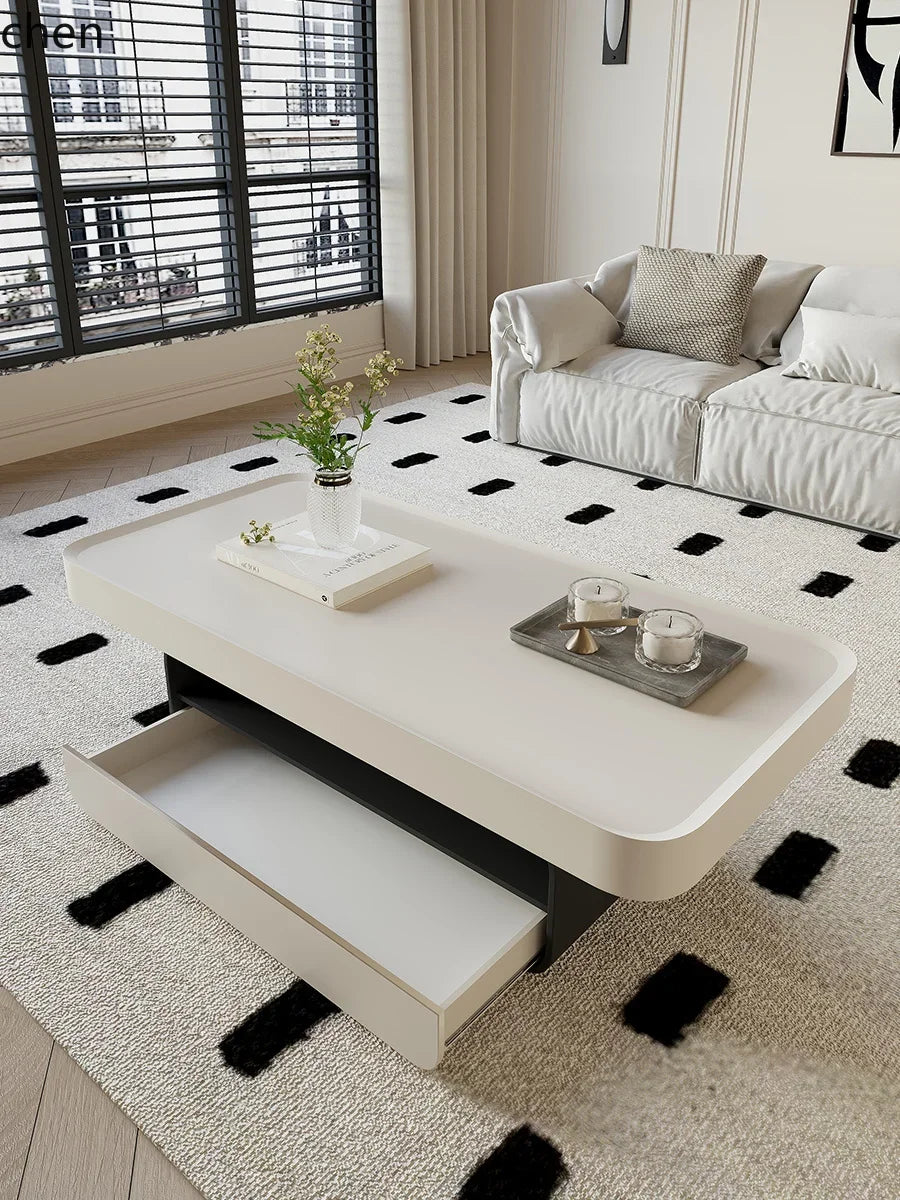 Modern Rock Slab and Solid Wood Coffee Table