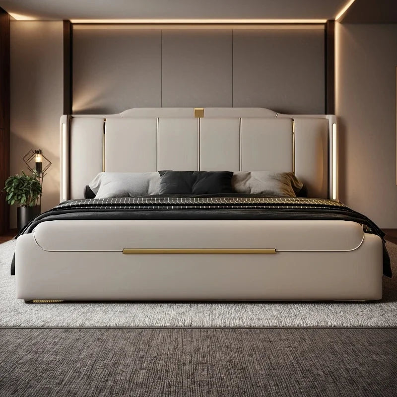 Nappa Leather Bed King Size Luxury 2 People Bed Soft Backrest Headboard Full House Furniture Bedroom Sets Full Set Furniture