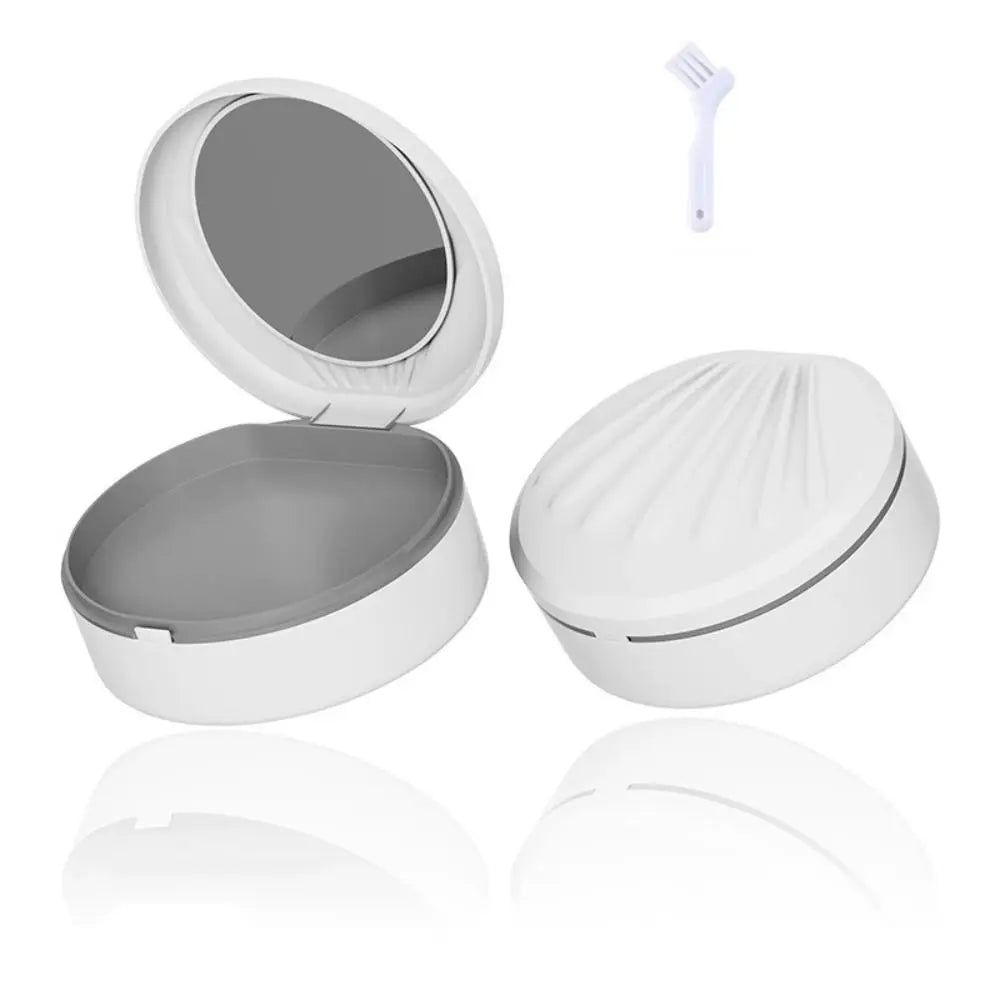 Double Layer Orthodontic Retainer Case Mouthguard with Mirror Denture Bath Storage Box Shell Shaped Cleaning Tooth