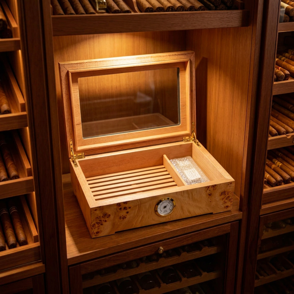 Wooden Cigar Humidor with Hygrometer and Humidifier – Approx. 35 Cigars