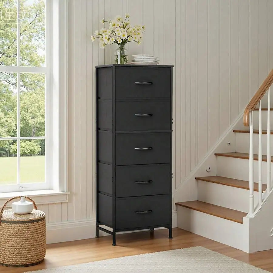 5 Drawer Dresser With Fabric Bins, Sturdy Steel Frame And Wood Top, Storage Organizer Chest For Bedroom, Closet, Hallway, Black