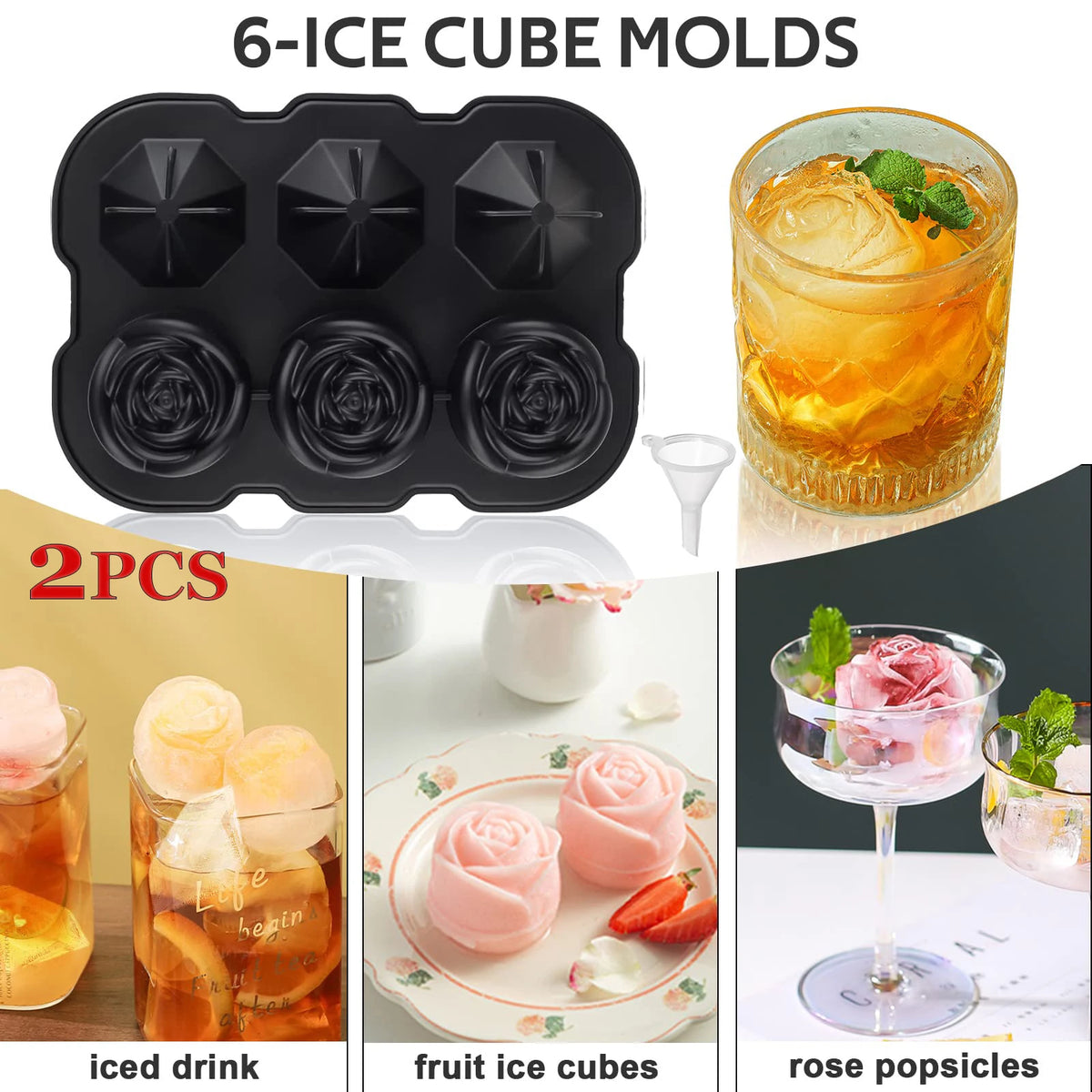 3D Rose & Diamond Ice Cube Tray | 6-Grid Silicone Mould with Lid