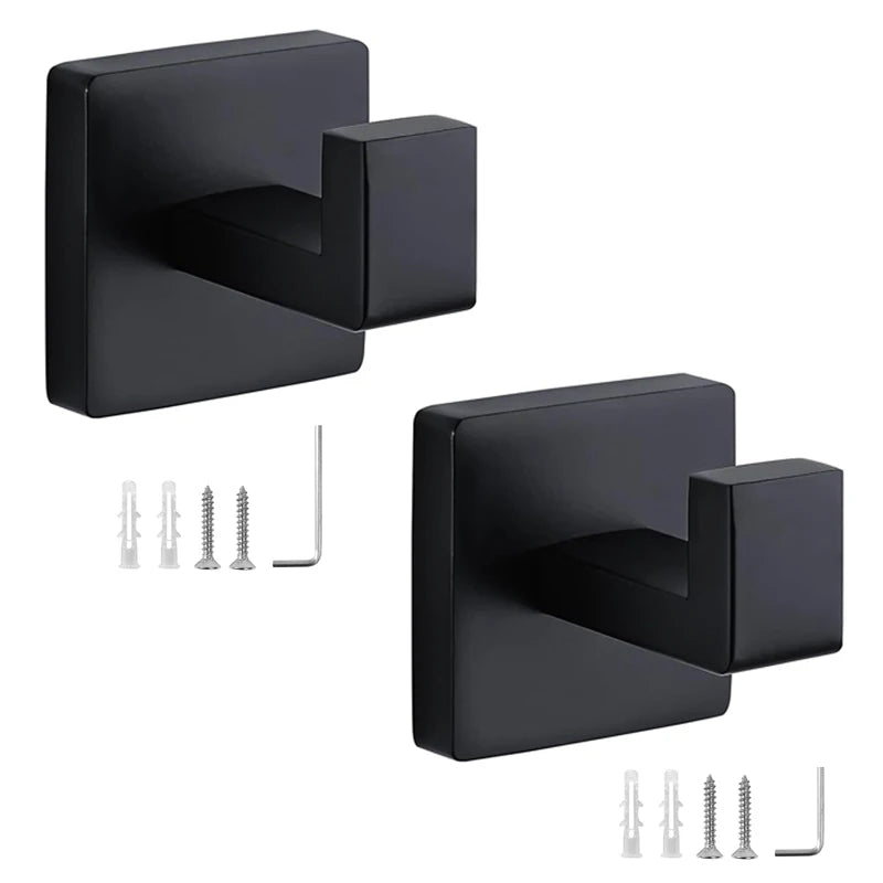 Matte Black Towel Hook Stainless Steel Heavy Duty Wall Mounted Robe Coat Hooks Bathroom Kitchen Closet Square Modern Rack