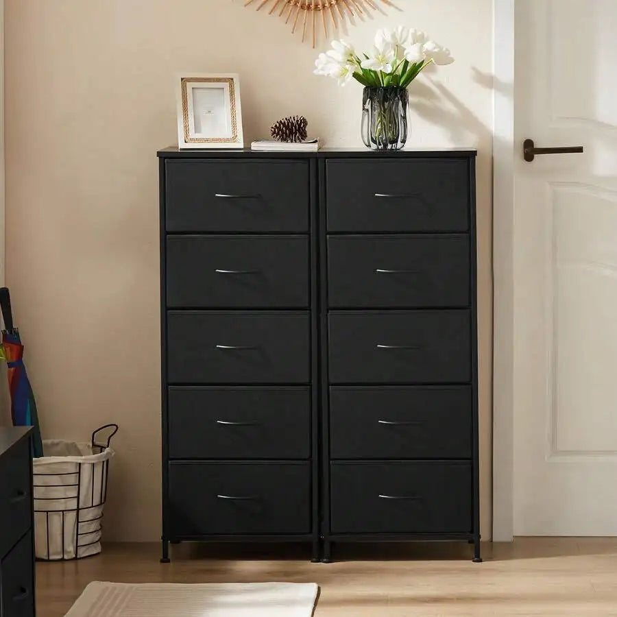 5 Drawer Dresser With Fabric Bins, Sturdy Steel Frame And Wood Top, Storage Organizer Chest For Bedroom, Closet, Hallway, Black
