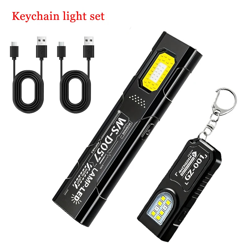 Rechargeable LED Keychain Flashlight - Mini USB-C Torch with COB Work Light and Magnet
