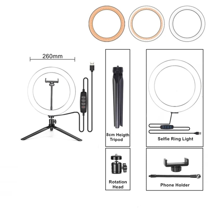10" LED Ring Light with Tripod & Phone Holder - Dimmable Studio Light