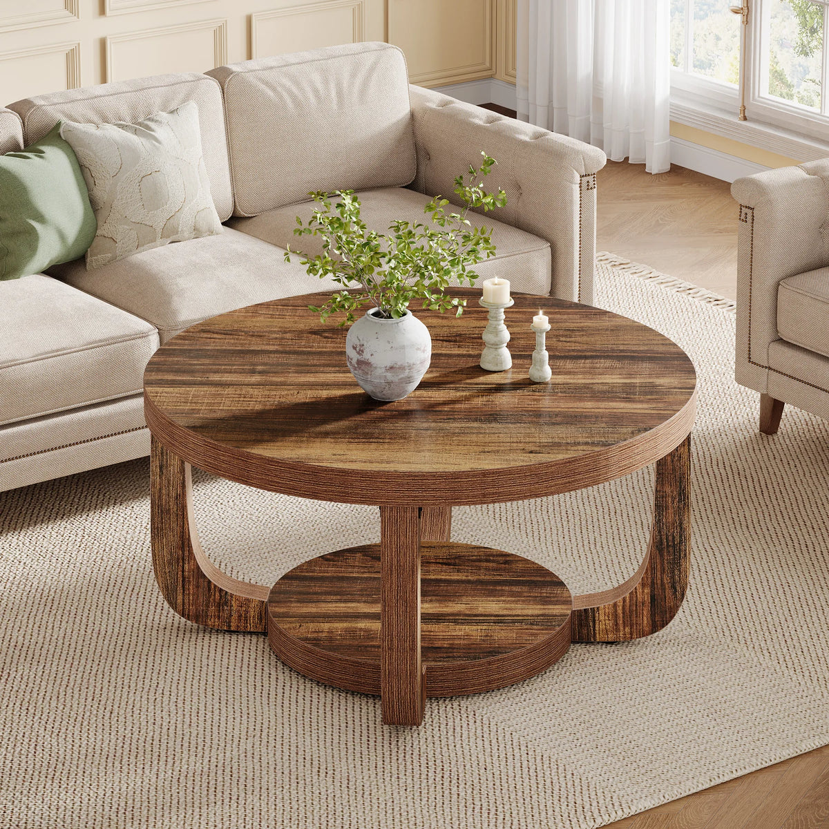 Round 2-Tier Coffee Table with Open Shelf