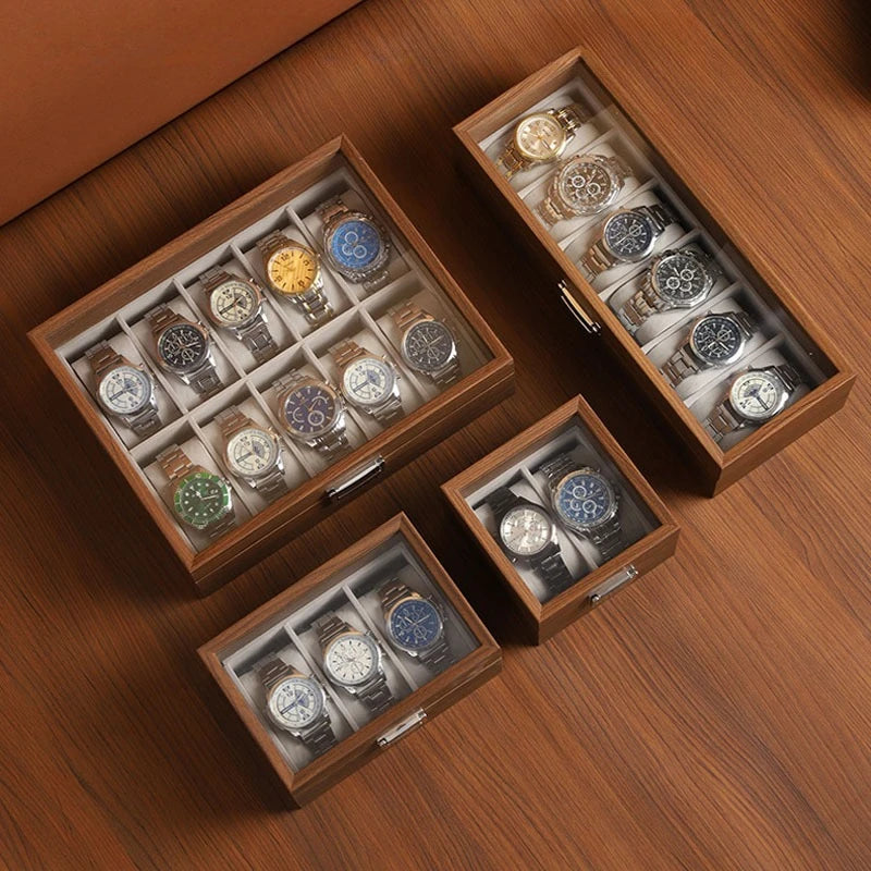 Wood-Grain Watch Display Box with Multiple Grid Options