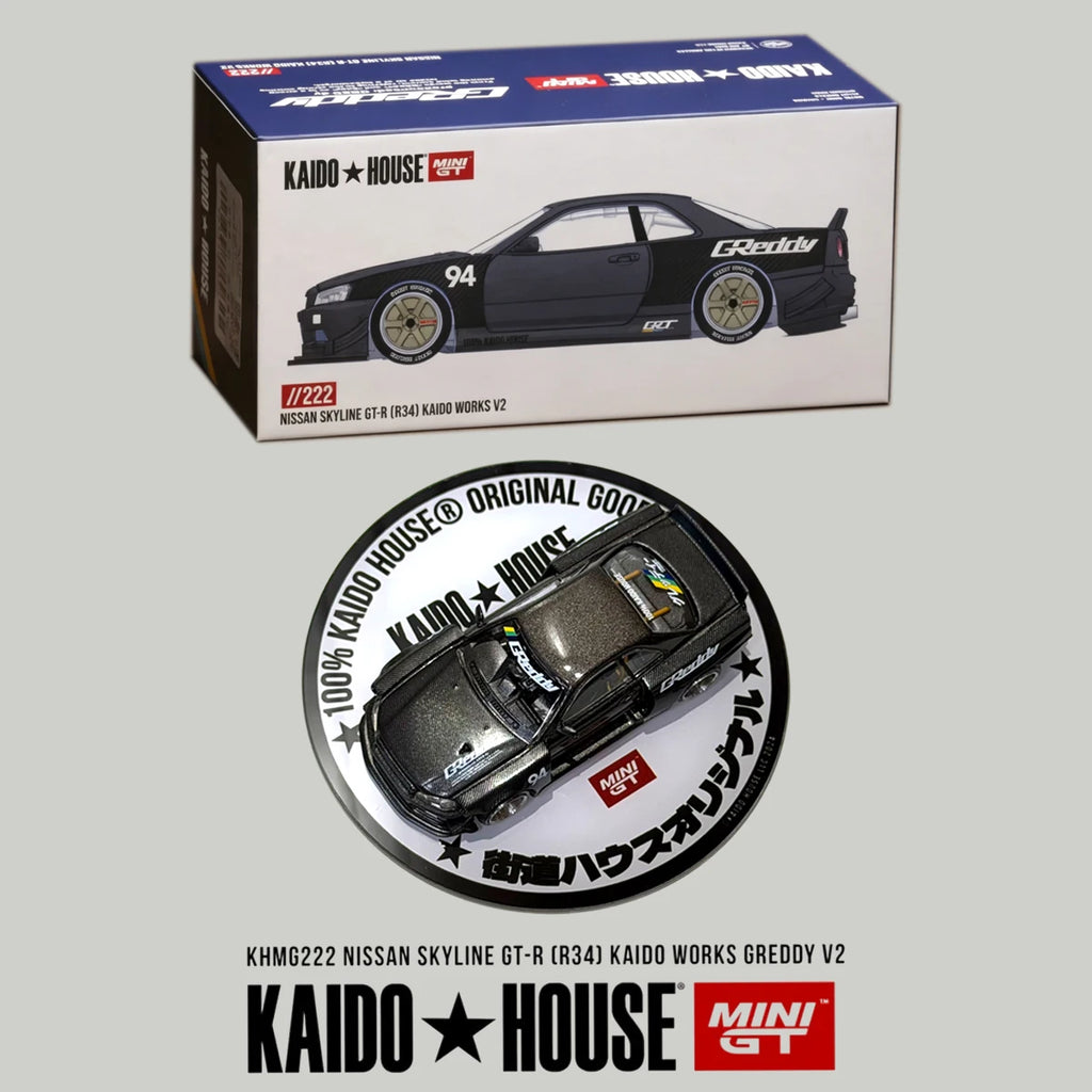Mini GT x Kaido House 1:64 Nissan Skyline GT-R R34 Kaido Works Greddy V2 Full Carbon Diecast Car Model Item#KHMG222 In Stock