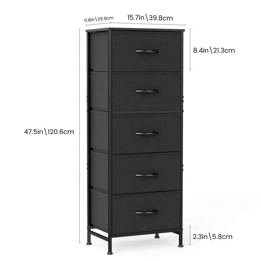 5 Drawer Dresser With Fabric Bins, Sturdy Steel Frame And Wood Top, Storage Organizer Chest For Bedroom, Closet, Hallway, Black