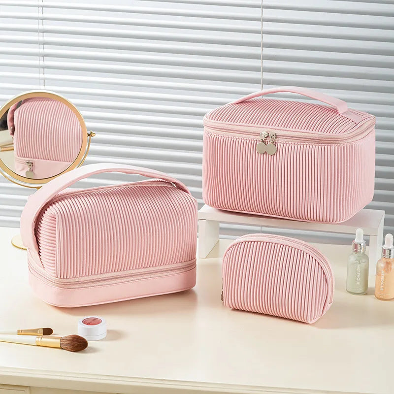 3-Piece Ribbed PU Leather Cosmetic Bag Set | Travel Toiletry Organiser for Women