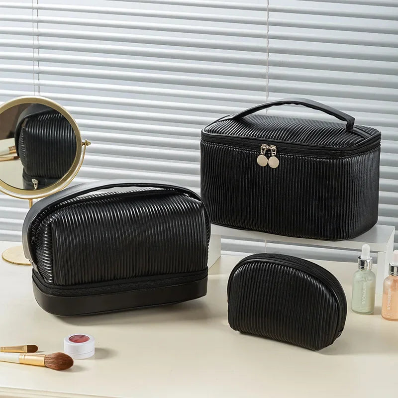 3-Piece Ribbed PU Leather Cosmetic Bag Set | Travel Toiletry Organiser for Women