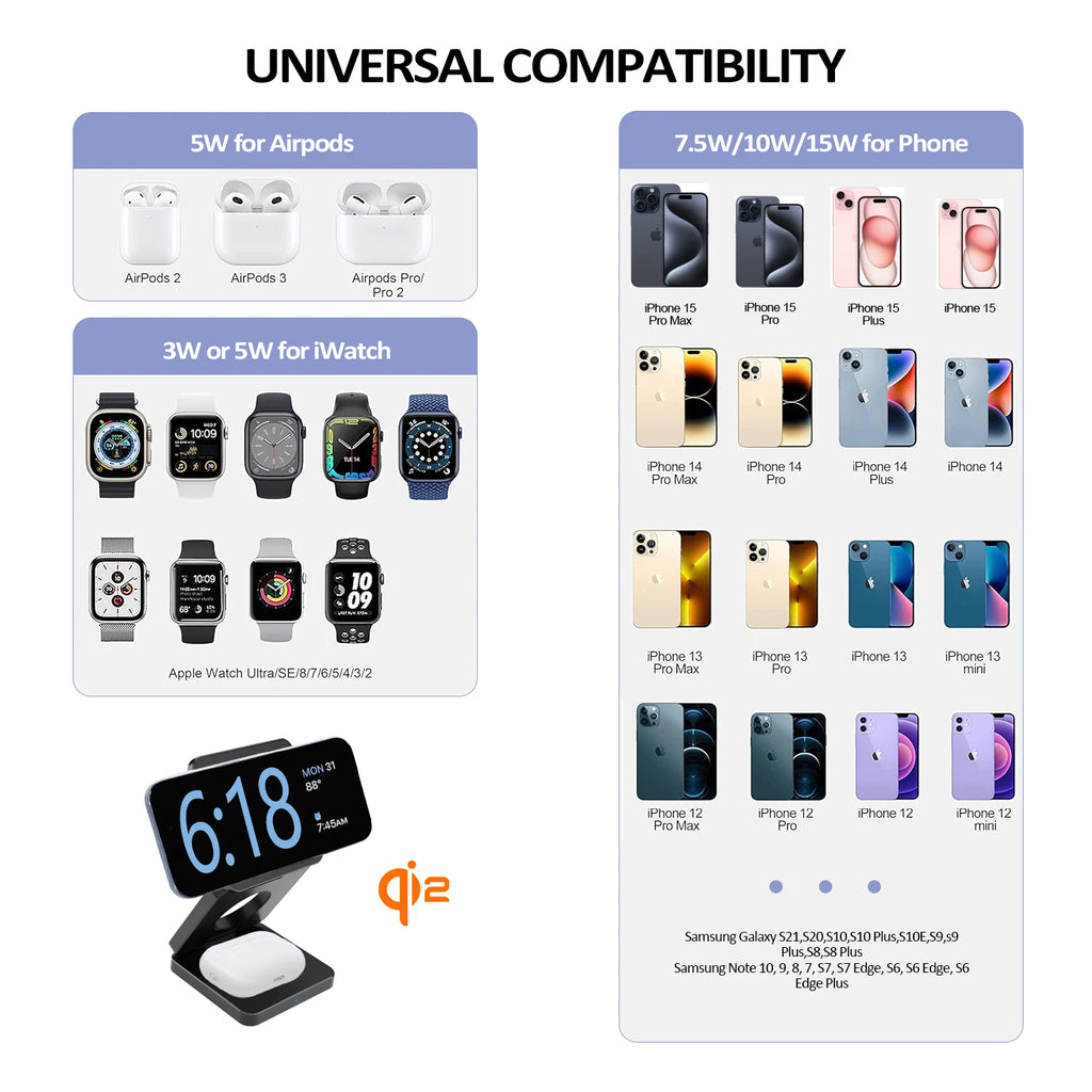 Qi2 3-in-1 Magnetic Wireless Charging Stand for iPhone, Apple Watch & AirPods