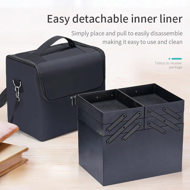 Large 4-Tier Makeup Train Case - Portable Cosmetics & Nail Organizer with Adjustable Straps