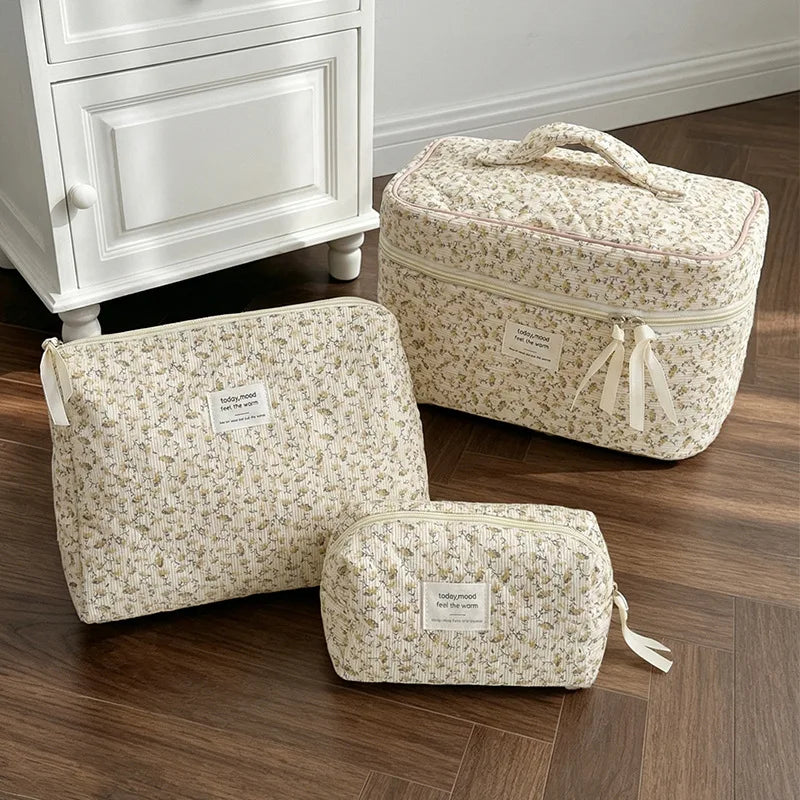 Gentle pink floral corduroy cosmetic  padded cotton large capacity storage  travel wash  pencil  bag