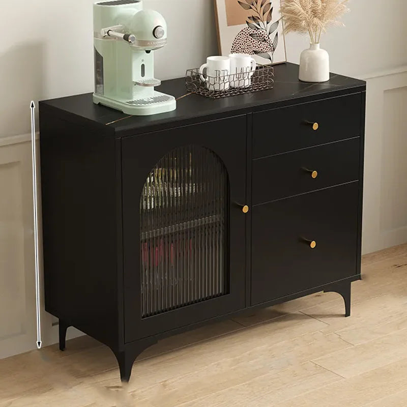 Black Sideboard Cabinet with Arched Ribbed Glass Doors