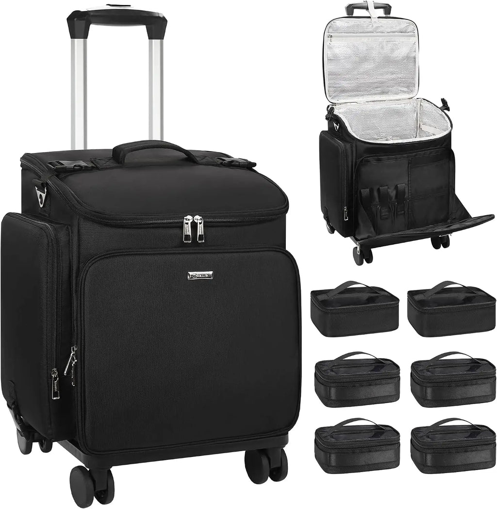 Professional Rolling Makeup & Hair Tools Trolley Case | Hairstylist Travel Bag on Wheels with 6 Clear Bags