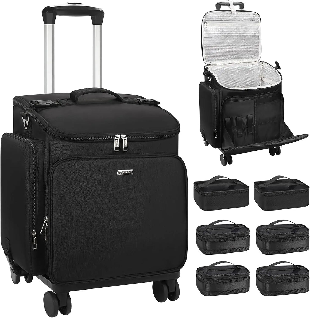 Professional Rolling Makeup & Hair Tools Trolley Case | Hairstylist Travel Bag on Wheels with 6 Clear Bags