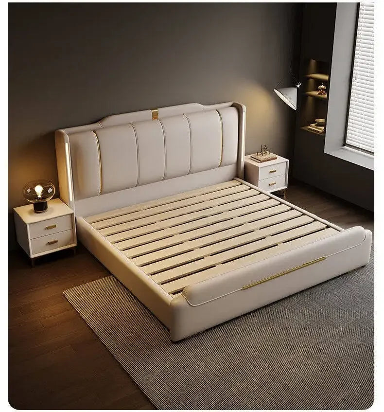 Nappa Leather Bed King Size Luxury 2 People Bed Soft Backrest Headboard Full House Furniture Bedroom Sets Full Set Furniture