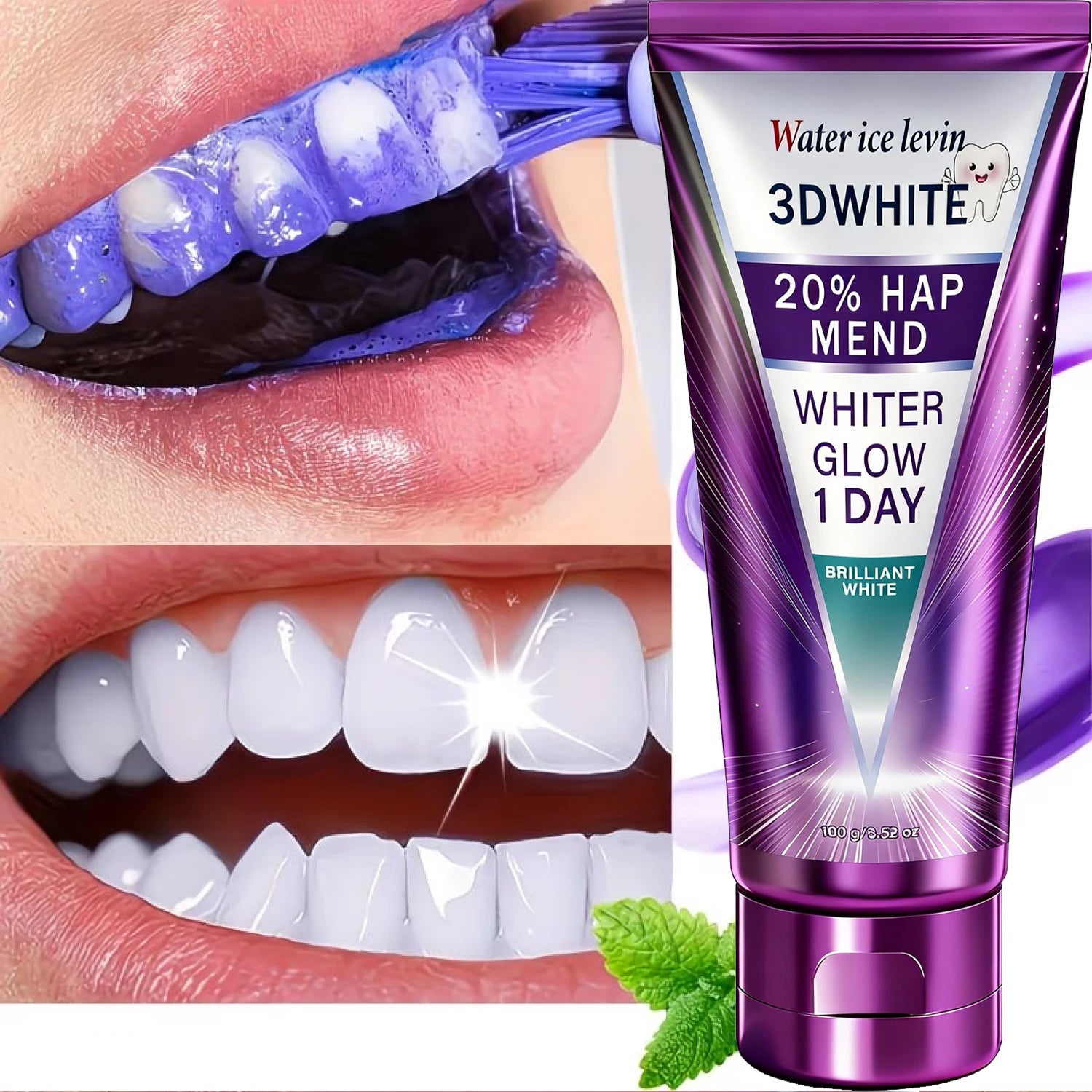20% HAP 3D White Toothpaste - 1 Day Whiter Teeth, Deep Stain Remover, Cool Menthol for Fresh Breath & Strong Enamel