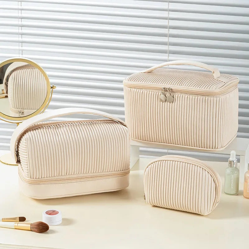 3-Piece Ribbed PU Leather Cosmetic Bag Set | Travel Toiletry Organiser for Women