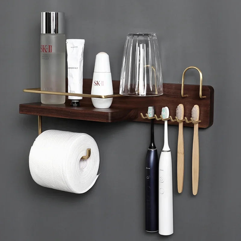 Black Walnut Electric Toothbrush Holder Multi Functional Wall-Mounted Gargle Cup and Paper Towel Storage Rack for Bathroom