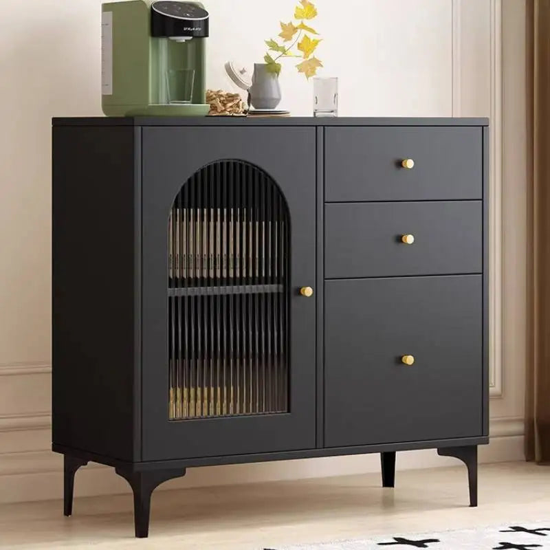 Black Sideboard Cabinet with Arched Ribbed Glass Doors